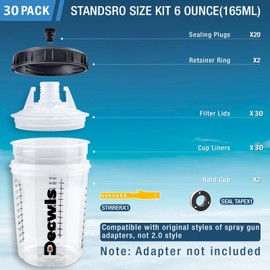 Disposable Paint Cups 6 Ounce(165ml), Mini Paint Mixing Cups with Lid and 50 Pack Paint Cup for Automotive Spray Gun, 125-Micron Filter, 2 Hard Cup with Retainer Ring, 20 Plugs, 1 Stirrer, 1 Seal Tape