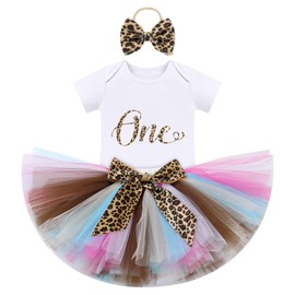 Farm Cow Giraffe Themed Party Outfit for Baby Girl 1st Birthday Princess Onesies+Tutu Rainbow Skirt Set+Headband Photo Shoot, Cheetah - Leopard, 9-12 Months