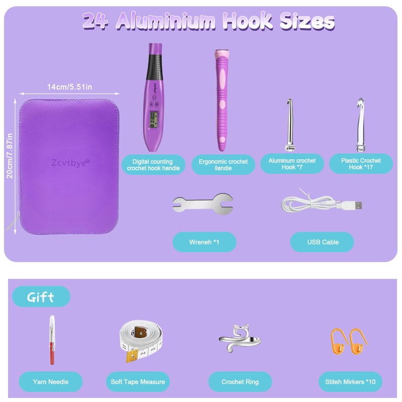 24-in-1 Ergonomic Crochet Hook Set with LED Light & Stitch