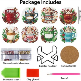 8 Pcs Christmas Coffee Diamond Painting Coasters Kits with Holder, DIY Christmas Diamond Art Coaster Kits for Adults, Paint with Diamonds Coasters Craft Supplies for Holiday Home Decor