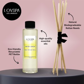 LOVSPA Meyer Lemon Reed Diffuser Oil Refill with Replacement Reed Sticks | Clean, Refreshing Citrus Scent with Sliced Lemons and a Hint of Soft Sugary Nuances | 4 oz | Made in The USA