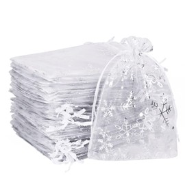 MAOOY Organza Bags Pack of 100, Organza Bags 17 x 23 cm, Party Favours, Wedding Bags, Snowflake Pattern Gift Bags with Drawstring for Party, Christmas, Advent Calendar (White)