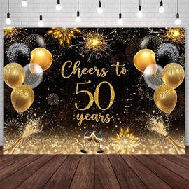 AIBIIN 7x5ft Cheers to 50 Years Backdrop Black Gold 50th Birthday Anniversary Photography Background Balloons Champagne 50th Birthday Anniversary Wedding Party Decorations Banner Photo Props