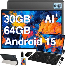 DEERTiME 2025 Latest Tablet 10 inch Android 15 Tablets with Keyboard, 30GB RAM 64GB ROM 2.0GHz Octa-Core, Dual Camera, 1TB Expand, Widevine L1, 5G WiFi, BT 5.0, 2 in 1 Tableta PC (Black)