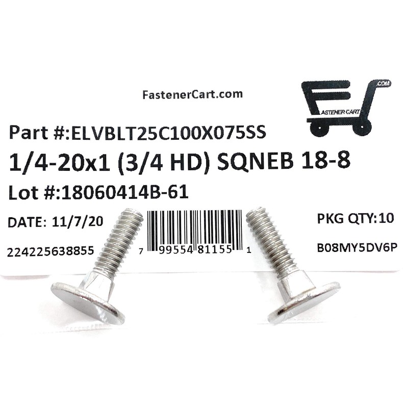 (10) 1/4-20x1 Stainless Steel Elevator Bolt Square Neck (3/4 Diameter