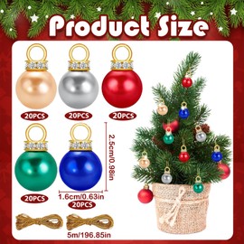 Pack of 100 Mini Christmas Baubles Set, Mini Baubles Christmas Glitter, Mini Tree Baubles Colourful with Gold Thread, Christmas Beads, Small Christmas Baubles for Christmas Tree, 1.6 cm Diameter