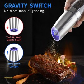 Gravity Electric Pepper or Salt Grinder, Battery Powered with LED Light, One Hand Automatic Operation, Stainless Steel