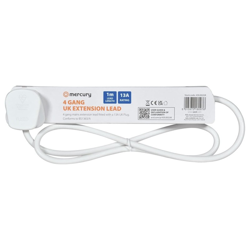 Mercury UK 4 Gang Extension Lead White 1.0m