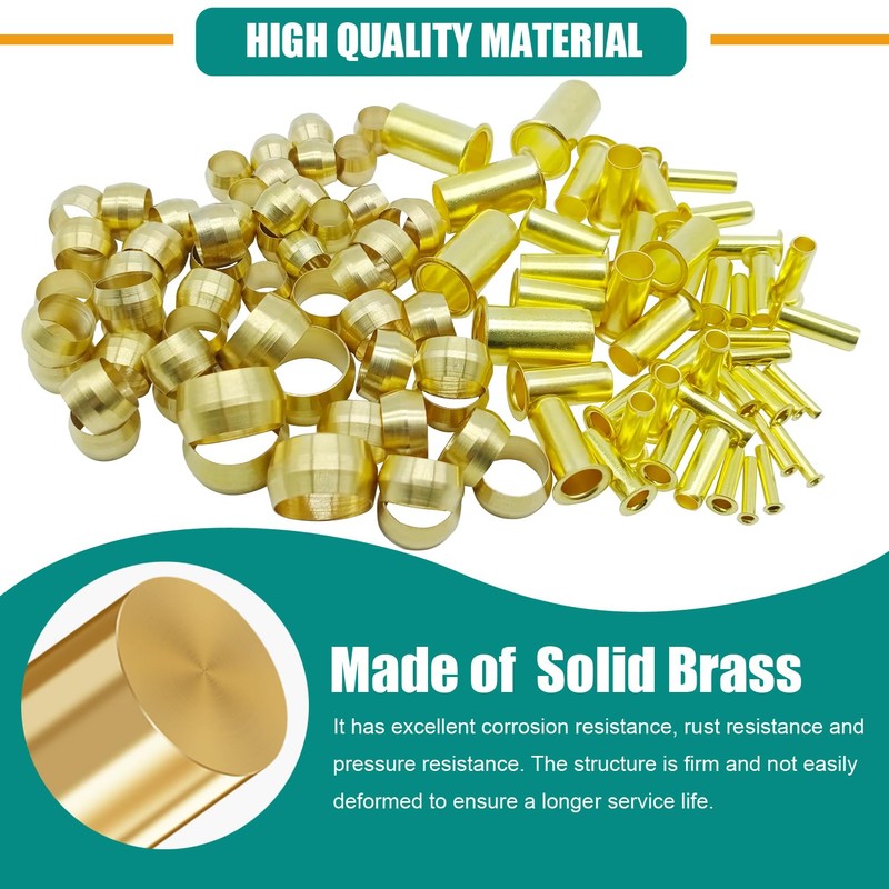 240PCS Brass Compression Sleeves Ferrules Inserts, 6 Sizes 1/2" 3/8"