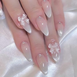 ANDGING Glitter White Press on Nails Almond Short Medium Ombre Fake Nails with 3D Bow Rhinestone Designs Classy Glue on Nails for Women Stick on Nails for Wedding Fantasy Manicure False Nails 24 Pcs