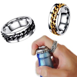 2 Abridores de Botellas de Cerveza, Anillos Abridores de Botellas de Acero de Titanio, Anillos de Moda para Parejas, Anillo de Acero Inoxidable, Abridor de Botellas Giratorio,