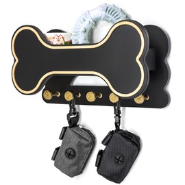 MTERSN Decorative Dog Leash Holder for Wall - Dog Stuff Organizer and Dog Bone Key Holder Wall Mount with 5 Cute 3D Dog Paw Hooks & Storage Shelf - Apartment Essentials (Black)