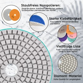 Philtool 14 pieces diamond polishing disc, 10 cm wet diamond polishing pad, diamond grinding pad with M14 rubber backing plate, wool felt, 50#-8000# grinding disc for tiles, marble, granite, concrete