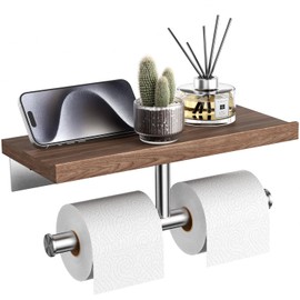Tindbea Rustic Double Toilet Paper Holder with Walnut Wood Shelf, Farmhouse Toilet Paper Holder Brushed Nickel Stainless Steel Bathroom Tissue Roll Holder
