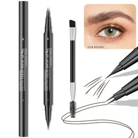 【New Year Gifts】【Pack of 2】UNANA Waterproof Eyebrow Pen 2-in-1 Dual-Ended Liquid Brow Pen Long-Lasting Eyebrow Pen for Natural Blend Flawless - Color: Brown