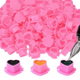 ATOMUS Tattoo Ink Caps with Base 200 Pieces Heart Shape Pigment Holder Disposable Plastic Pink Pigment Cups Tattoo Accessories Tattoo Supplies