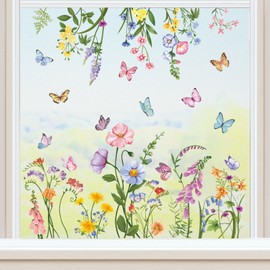 wondever Window Sticker Garden Flowers Window Sticker Poppy Butterfly Window Stickers Anti-Collision Double-Sided Glass Sticker Spring Summer Glass Decoration