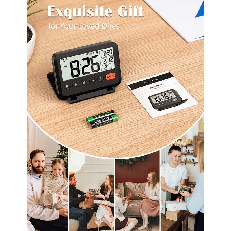 MeesMeek Digital Travel Alarm Clock, Black, 3.54 inch LCD Display,