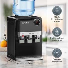 PUREPLUS Top Loading Water Cooler Dispenser, Countertop Water Cooler for 3 or 5 Gallon Bottles, Hot & Cold Water, 3 Temperature Settings, Child Safety Lock, Removable Drip Tray for Home, Office