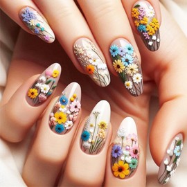 Wild Flower Acrylic Medium Almond Fake Nail Green Leaves Press on Nails 24Pcs Glossy Brown French False Nails Summer Flowers Stick on Fingernails Leaf Gel Glue on Nail for Coquette Women Girls