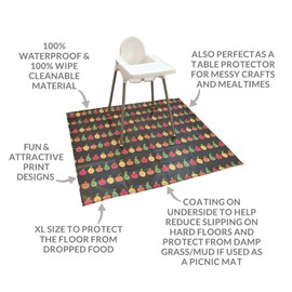 Bibetta XL Food Splash Mat for Under Highchair | 55 * 51 Inch Waterproof, Wipeable, Non-Slip Kids Messy Mat for Under Highchair| Soft Baby Mat for Weaning/Feeding/Playtime/Art/Activity (Grey Fruit)