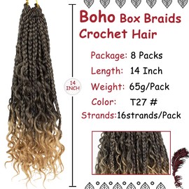 Beverlee Boho Box Braids 8 Packs Goddess Box Braids 14 Inch Bohemian Box Braids Crochet Hair Crochet Box Braids with Curly Ends Pre-looped Synthetic Crochet Hair for Black Wome