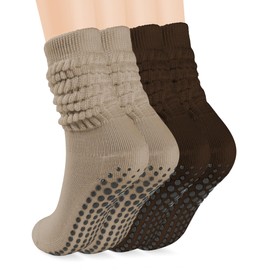 AURUZA Yoga Grip Pilates Socks for Women, Non Slip Slouch with Grip for Hospital Long Scrunch Slipper Ideal for Ballet Dance Home Barefoot Workout Pregnant Athletic Gripper Womens Socks