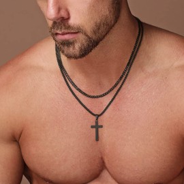 Cross Necklace for Men - Cross Chain Mens Necklace Stainless Steel Cuban Link Chain Mens Cross Necklaces Mens Chain Necklaces Mens Jewelry Black Chains for Men Cross Pendant Necklace for Men Boys