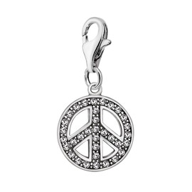 Quiges White Cubic Zirconia 3D Hippie Peace Symbol Clip On Charm Pendant Silver Plated Women's Jewellery
