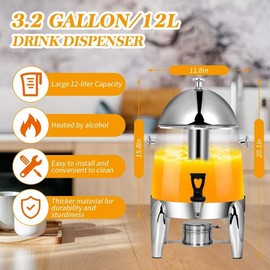 3.2 Gallon Stainless Steel Cold Beverage Dispenser - Iced Drink Dispensers with Fuel Holder - Commercial Juice Dispenser for Coffee Tea Milk with Stand & Spigot for Parties Buffet Catering