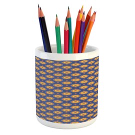 Ambesonne Abstract Pencil Pen Holder, Colorful Flower in an Orient Style Eastern Art Round Design Print, Ceramic Pencil Holder for Desk Office Accessory, 3.6" X 3.2", Dark Lavender and Mustard