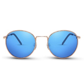 Jeulia Retro Polarized Round Pink/Blue Mirror Sunglasses for Men Women Classic Vintage Circle Metal Frame Sunglasses UV400 Protection for Summer Holiday (Blue)