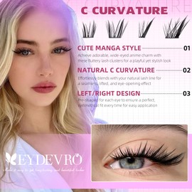 EYDEVRO Manga Lash Clusters Natural Cat Eye Lashes Wispy Cluster Eyelash Extensions Fairy Cluster Lashes C Curvature Eyelash Clusters Individual Lashes Reusable DIY Lash Extensions at Home
