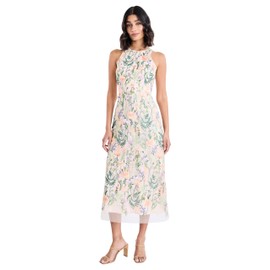 Maggy London Women's Dresses Floral Embroidered Halter Neck Midi Dress with Back V-Neck, Red/Pink, 0