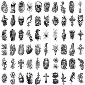 Black Temporary Tattoo for Men and Women, 77 Sheets Cool Realistic Fake Tattoo, Tattoo Stickers with Bulldog Predator, Clown Spider, Skeleton, Sword Pattern