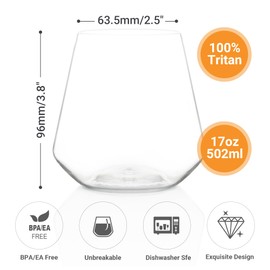 HAHASHOW Stemless Plastic Wine Glasses, Unbreakable Diamond Glasses, Sturdy Plastic Cup, Set of 4 Shatterproof Glassware, Water,Juice,Wine Glasses, for Birthday, Mother's Day, Wedding Gifts