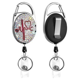 Soleebee Key JoJo Extendable Carabiner Rhinestone ID JoJo Keyring for Nurse Teacher Student, ID Name Badge Holder with Belt Clip for Card Holder (Stethoscope Heartbeat)