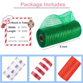 4 Rolls Christmas Deco Mesh Rolls for Wreath Making,6 Inch x 10 Yards White Red Green Xmas Ribbons Stripe Mesh Metallic Foil Deco Poly Mesh Roll for Christmas Swag Decoration Wreath Making,Garland,Bow