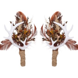 Brown Boutonniere for Men Set - 2 PC Handmade Feather Corsage for Wedding Antler Rustic Boutonniere for Groom Groomsmen Ceremony Anniversary Formal Dinner Party Prom Brown
