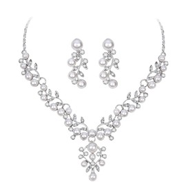 Cangall Jewellery Sets for Women, Necklace and Drop Earring Set with Clear Crystal & Pearl, Wedding Jewellery Set for Ladies Bride Bridesmaid, Pearl Crystal Women's Jewellery Set for Prom Engagements