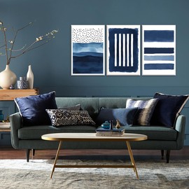 Blue Abstract Wall Art Canvas - Navy and White Framed Painting for Living Room, Bedroom, Office Decor - 12x16 Inches Set of 3(Blue,12.00" x 16.00" x 3Pcs)