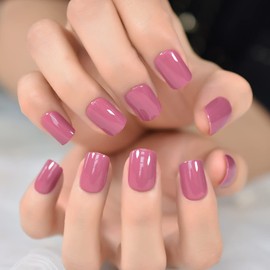 LINSSQ Glossy Dark Pink Press on Nails,Short Squoval False Nails,Beauty Solid Color Manicure Reusable UV Gel Fake Finger Nail Art for Daily Office Party 24pcs