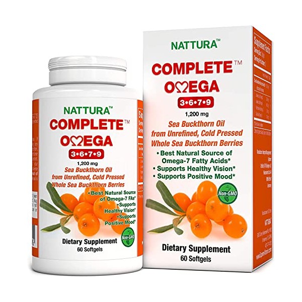 Complete Omega 3-6-7-9 Made in EU, Pure Sea Buckthorn Oil from Whole Sea Buckthorn Berries - Non-GMO, Kosher, cGMP (1,200mg) 60 Capsules