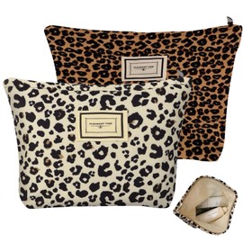 2Pcs Makeup Bags., Leopard Cosmetic Pouch Soft & Comfortable for Travel Make Up Handbags Large Capacity for Women, Fashionable Beauty Toiletry Organizer, Travel Essentials for Girls