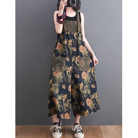 VIEWON Women's Loose Adjustable Straps Print Baggy Denim Overalls Casual Bib Jeans Wide Leg Jumpsuit Rompers Pants (Dark Blue,S)