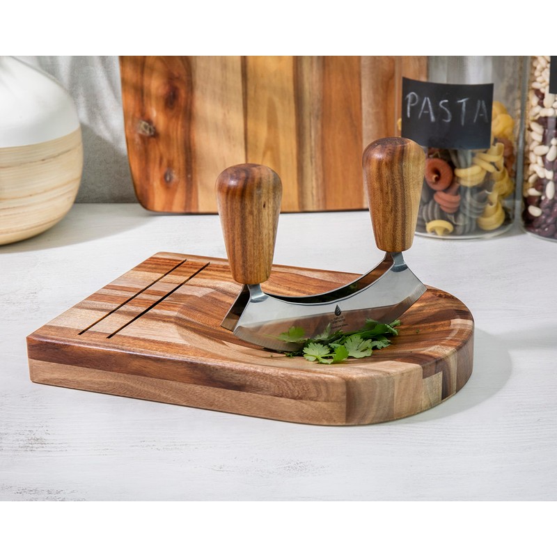 Natural Elements Double Mezzaluna Chopper with Wooden Herb Chopping Board,