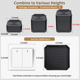 Y-CFHFC 4 Pack Bed Risers Heavy Duty, Adjustable Furniture Risers for Bed Couch Sofa Desk Chair Blocks, Lift Height 1.5", 3" or 4.3" (Black, Two Layers 3 Inches)