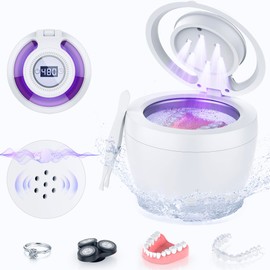 2025 Upgraded Ultrasonic Retainer Cleaner Machine with 𝟔 𝐔/𝐕 Lights, Buzzer Alarm, 45kHz Denture Cleaner Real Ultrasonic, Mouth Guard Cleaner, Night Guard Cleaner Dental Cleaning Pod 200ML