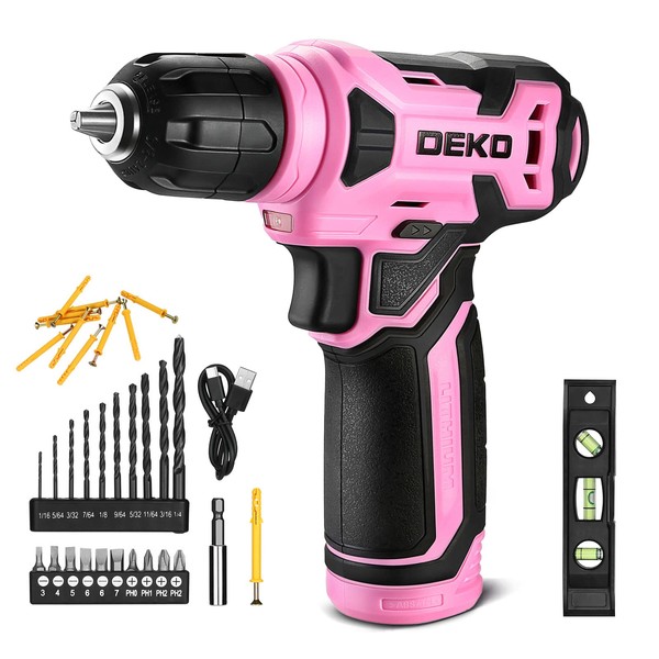 DEKO 8V Cordless Drill, Drill Set with 3/8"Keyless Chuck, 42pcs Acessories, Built-in LED, Type-C Charge Cable, Pink Power Drill for Drilling and Tightening/Loosening Screws