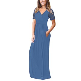 AUSELILY AUSELILY Womens Maxi Dress 2025 Summer Lace Short Sleeve V Neck Wrap Waist Long Dresses with Pockets Beja Blue XL